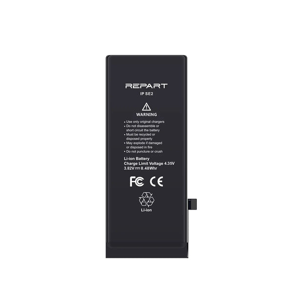 Black battery with 'REPART' branding and technical specifications on a white background