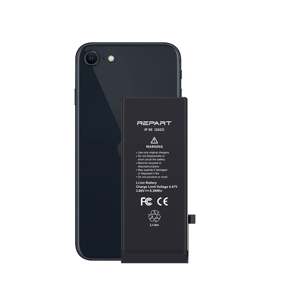 Black iphone se 2022 with a detached battery labeled 'REPART' on a white background