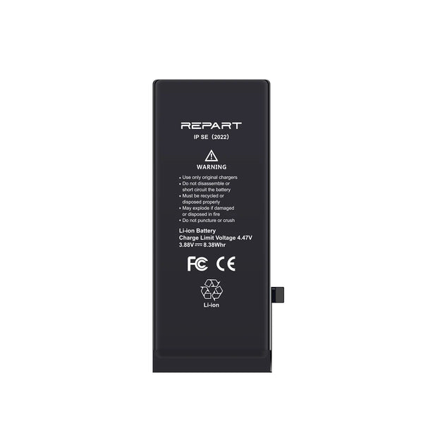 Black battery with 'REPART' branding and technical specifications on a white background