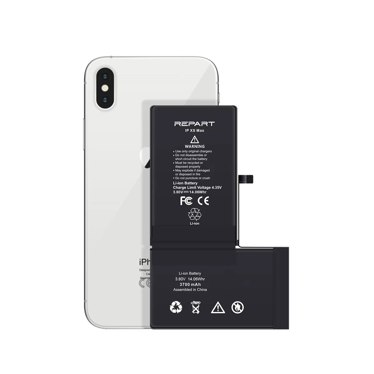 iPhone XS Max noir avec batterie sur fond blanc