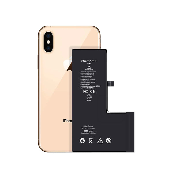 Gold iPhone xs max with a black Repart battery removed on a white background
