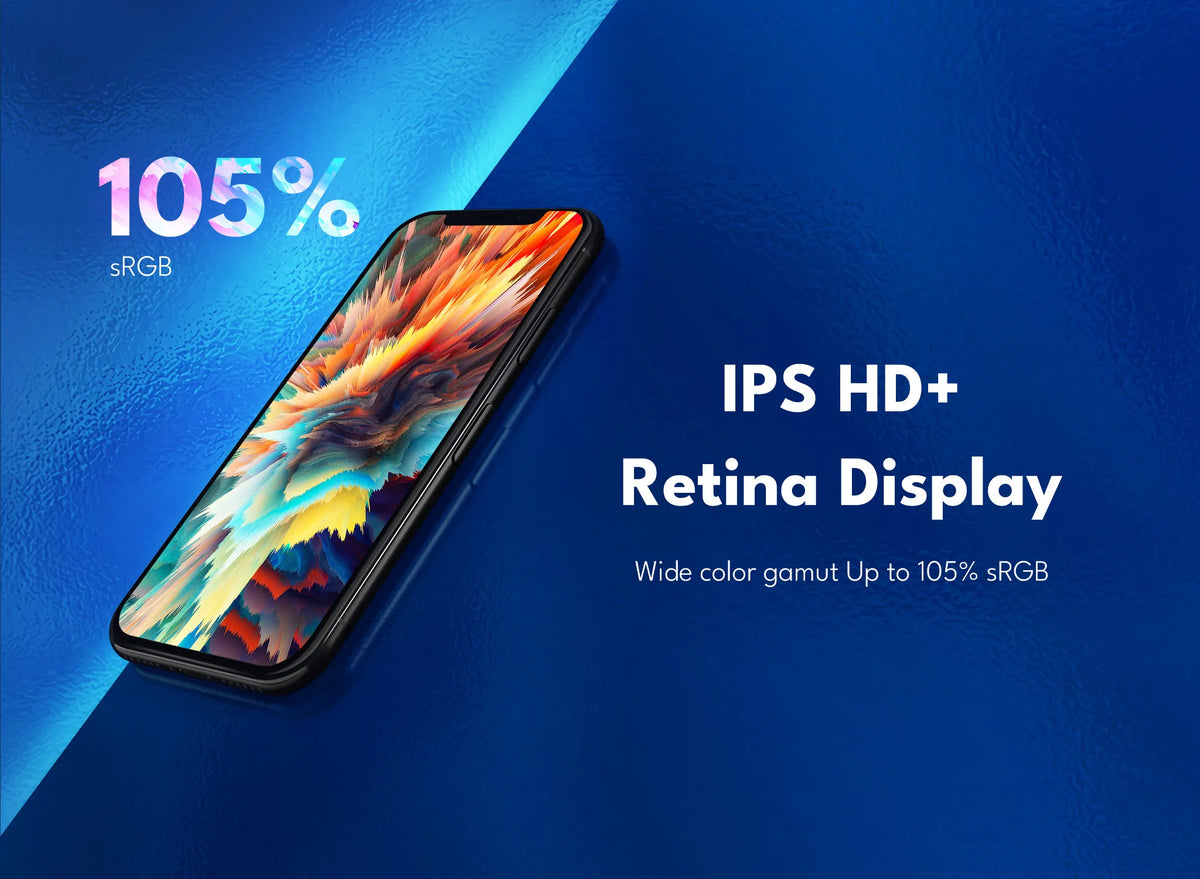 Smartphone mit IPS HD+ Retina Display auf blauem Hintergrund