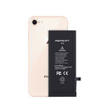 iPhone 8 Akku, hauptsächlich schwarz, mit technischen Daten und REPART-Branding