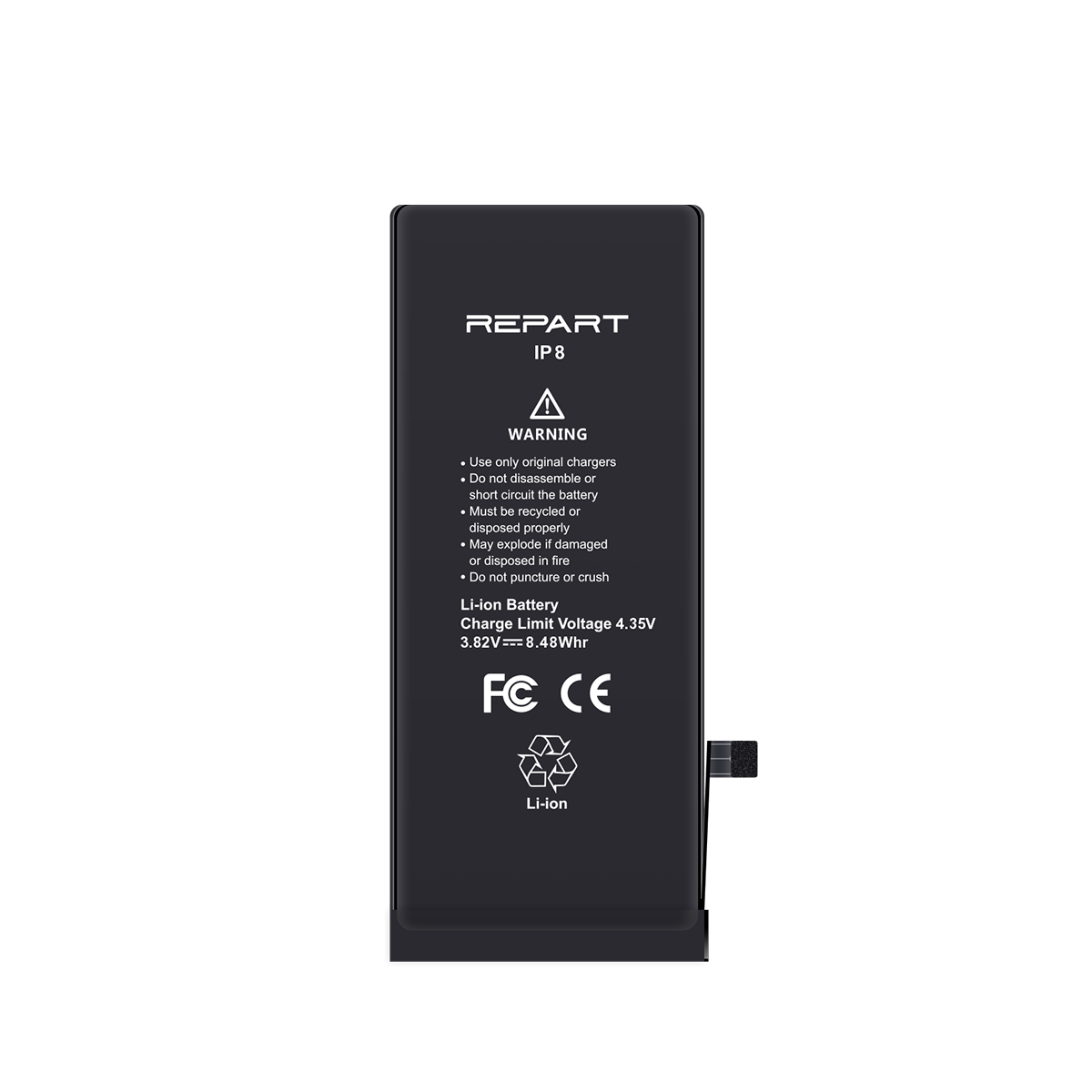 Remplacement de batterie pour iPhone 8 avec la marque et les spécifications « REPART ».