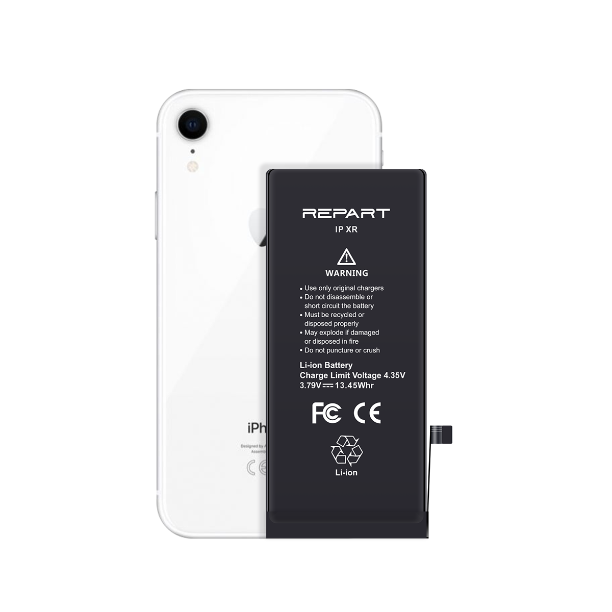 Batterie de remplacement pour iPhone XR, montrant la vue de face avec le logo iPhone XR et la face arrière avec les détails de la batterie.